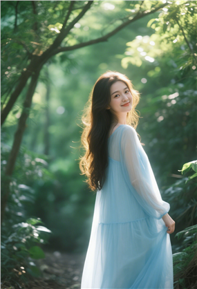 小清新森林风蓝色纱裙美女写真图片